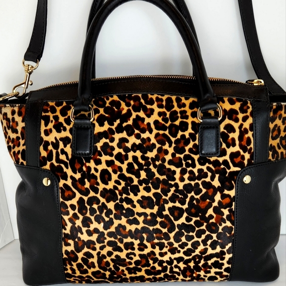 Leopard Haircalf and Black Leather Bag Tote with Shoulder Strap - Picture 2 of 12